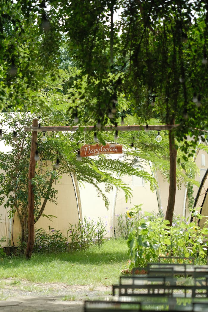 Peaceful garden with tents and seating surrounded by lush greenery.